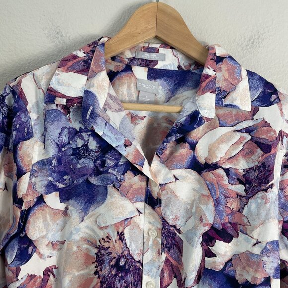 Chicos Womens 8 No Iron Chic Stretch Floral Button Up Shirt 3/4 Sleeve Blouse - Picture 8 of 11
